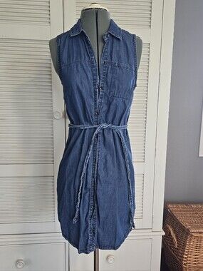 Sleeveless Denim Midi Shirt Dress with Tie Waist - Blue